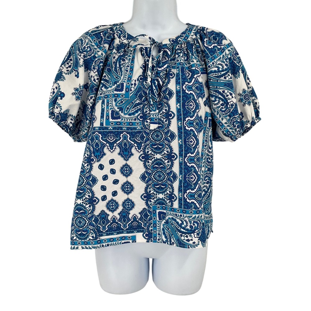 LOFT Top XS Blue White Paisley Bandana Print Puff Sleeve Boho Airy Cruise Travel